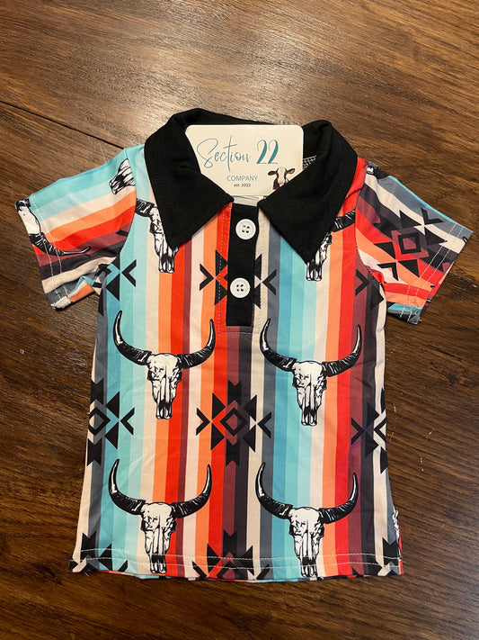 Boys Aztec Serape Cow Skull Polo